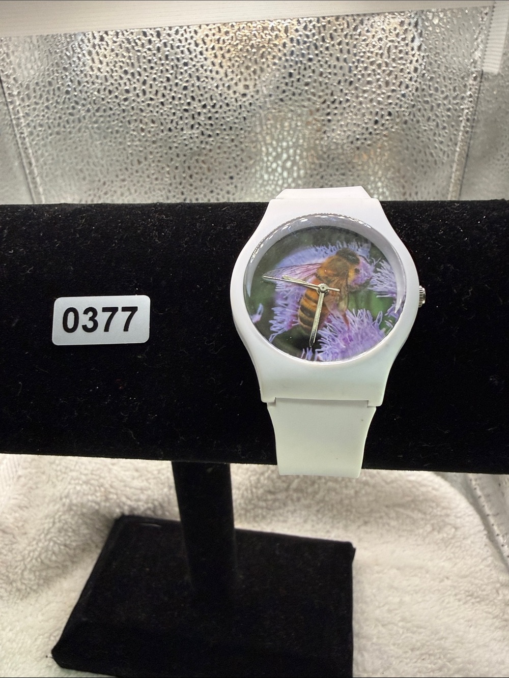 White Silicone Watch with Bee and Floral Dial